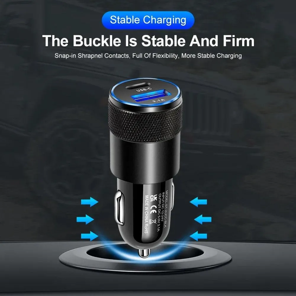 66W Dual USB Car Charger with Type C Fast Charging: High-Speed Adapter - Cigarette Lighter Socket