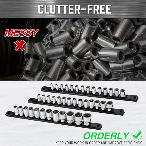 ALOANES 1/2-Inch Drive Magnetic Socket Organizer, Heavy Duty Aluminum Socket Rail Organizer, 360° Swivel Clips Socket Holder Kit for Tool Box, 1/2-Inch Socket Holder x 12 Clips (Black)