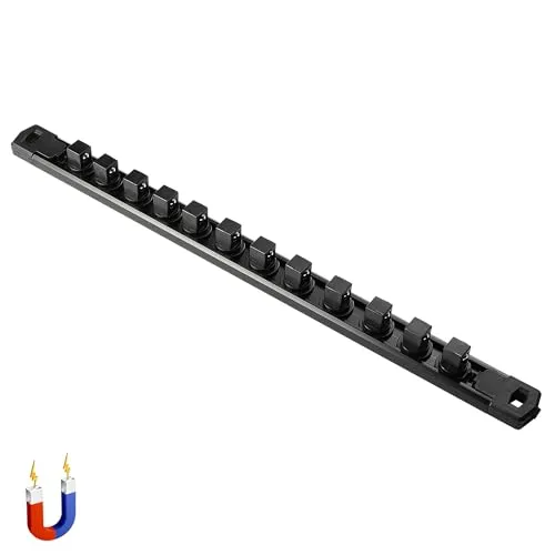 ALOANES 1/2-Inch Drive Magnetic Socket Organizer, Heavy Duty Aluminum Socket Rail Organizer, 360° Swivel Clips Socket Holder Kit for Tool Box, 1/2-Inch Socket Holder x 12 Clips (Black)
