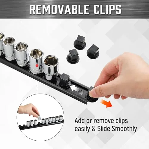 ALOANES 1/2-Inch Drive Magnetic Socket Organizer, Heavy Duty Aluminum Socket Rail Organizer, 360° Swivel Clips Socket Holder Kit for Tool Box, 1/2-Inch Socket Holder x 12 Clips (Black)