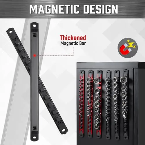 ALOANES 1/2-Inch Drive Magnetic Socket Organizer, Heavy Duty Aluminum Socket Rail Organizer, 360° Swivel Clips Socket Holder Kit for Tool Box, 1/2-Inch Socket Holder x 12 Clips (Black)