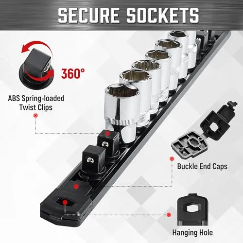 ALOANES 1/2-Inch Drive Magnetic Socket Organizer, Heavy Duty Aluminum Socket Rail Organizer, 360° Swivel Clips Socket Holder Kit for Tool Box, 1/2-Inch Socket Holder x 12 Clips (Black)