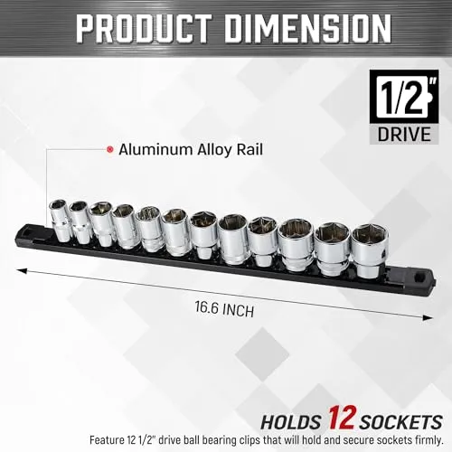 ALOANES 1/2-Inch Drive Magnetic Socket Organizer, Heavy Duty Aluminum Socket Rail Organizer, 360° Swivel Clips Socket Holder Kit for Tool Box, 1/2-Inch Socket Holder x 12 Clips (Black)