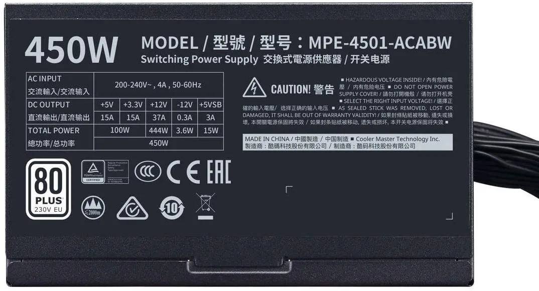 Cooler Master PSU MWE 450 White 230V - V2 Power Supply Unit, UK Plug - 80 PLUS 230V EU Certified, Quiet 120 HDB Fan, DC-to-DC   LLC Circuit with Single  12V Rail