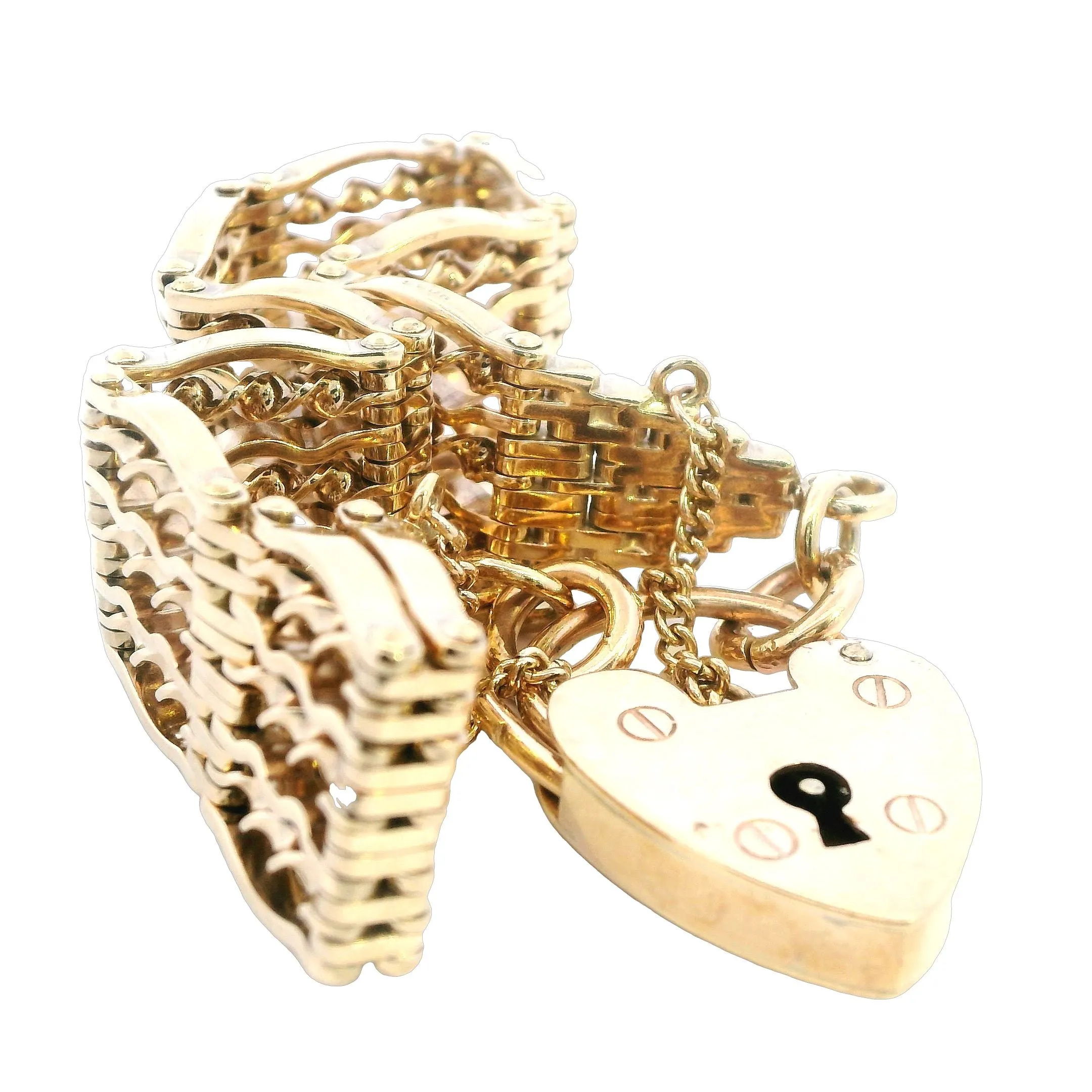 Exquisite 9ct Yellow Gold Bar Gate Bracelet with Heart Padlock for Valentine's