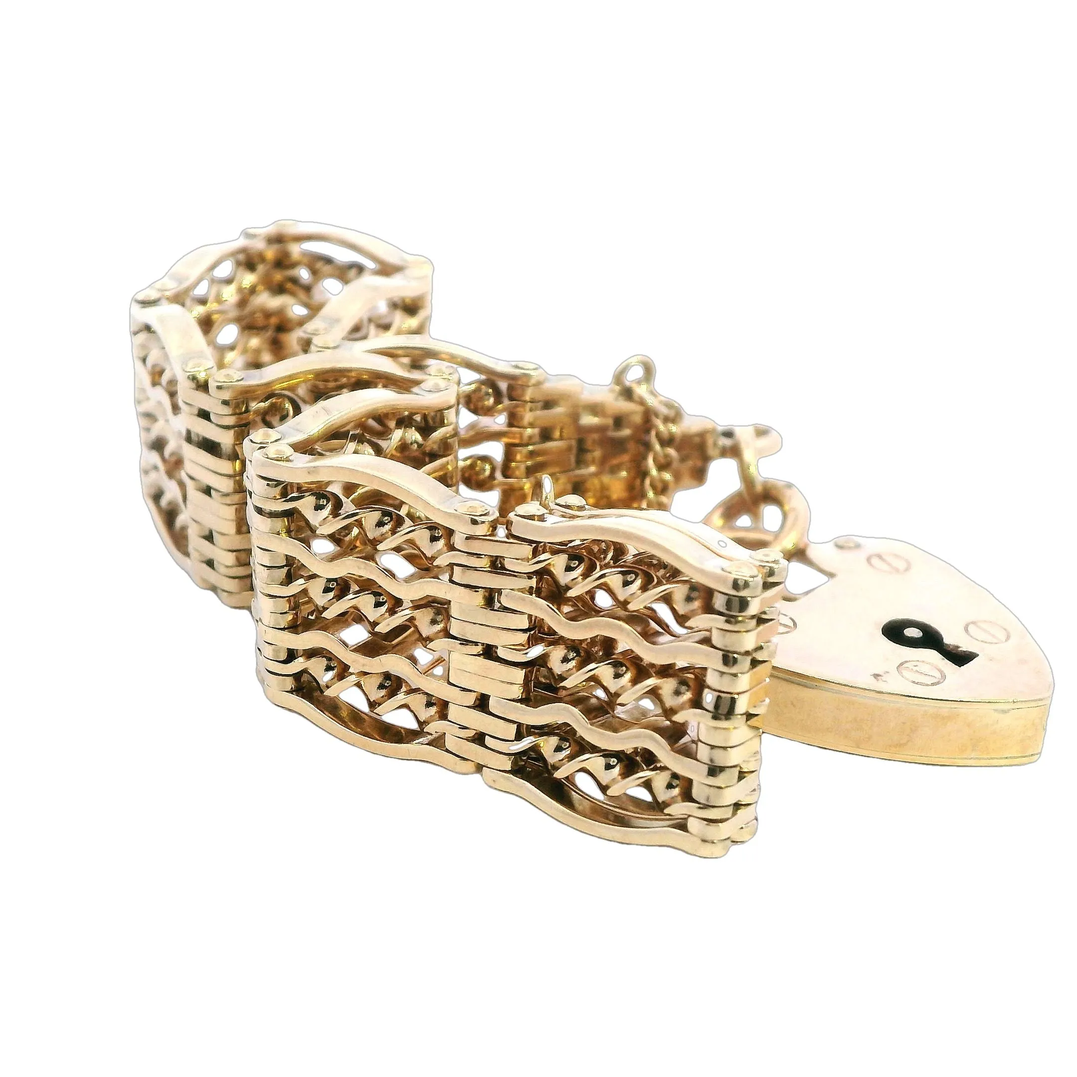 Exquisite 9ct Yellow Gold Bar Gate Bracelet with Heart Padlock for Valentine's