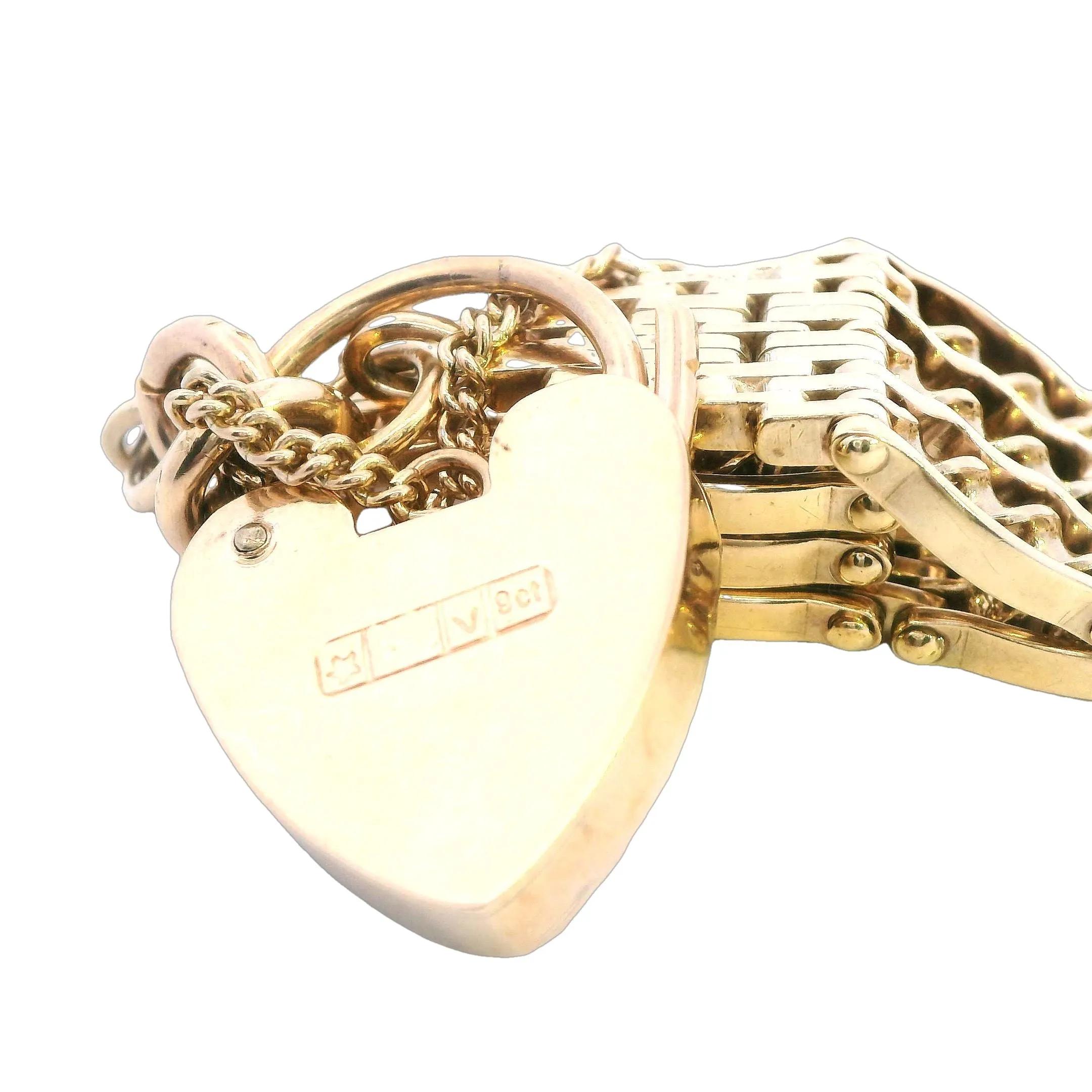 Exquisite 9ct Yellow Gold Bar Gate Bracelet with Heart Padlock for Valentine's
