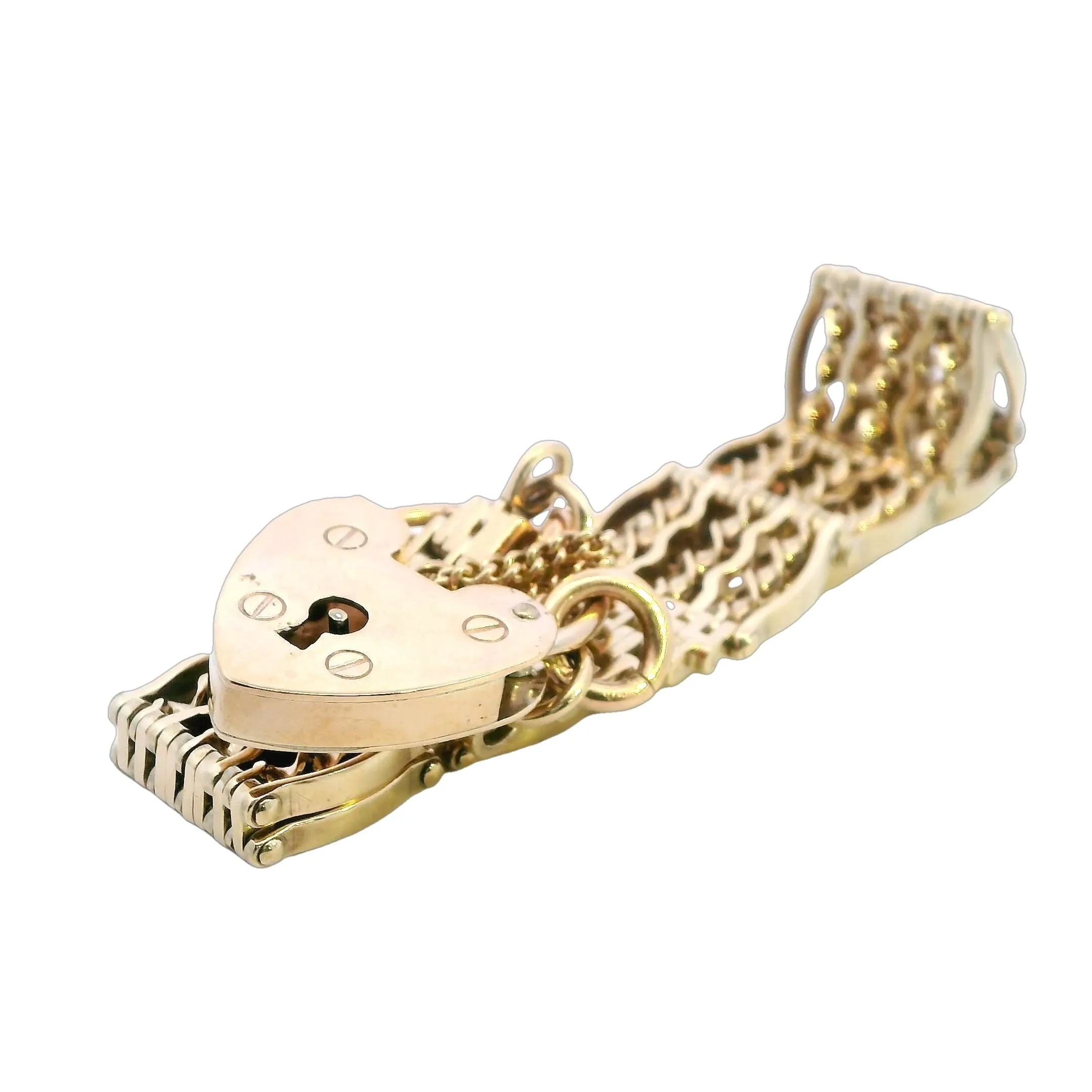 Exquisite 9ct Yellow Gold Bar Gate Bracelet with Heart Padlock for Valentine's