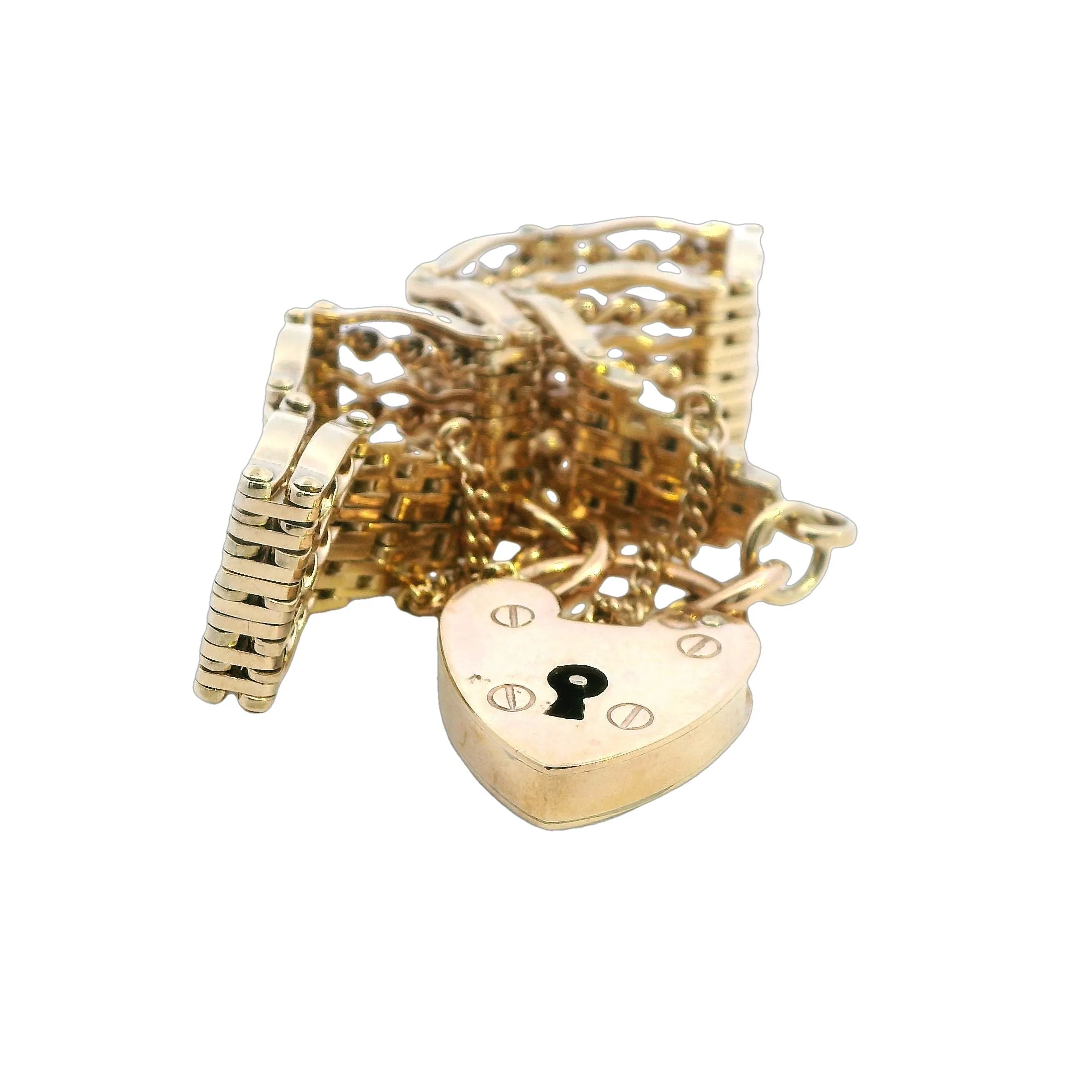 Exquisite 9ct Yellow Gold Bar Gate Bracelet with Heart Padlock for Valentine's