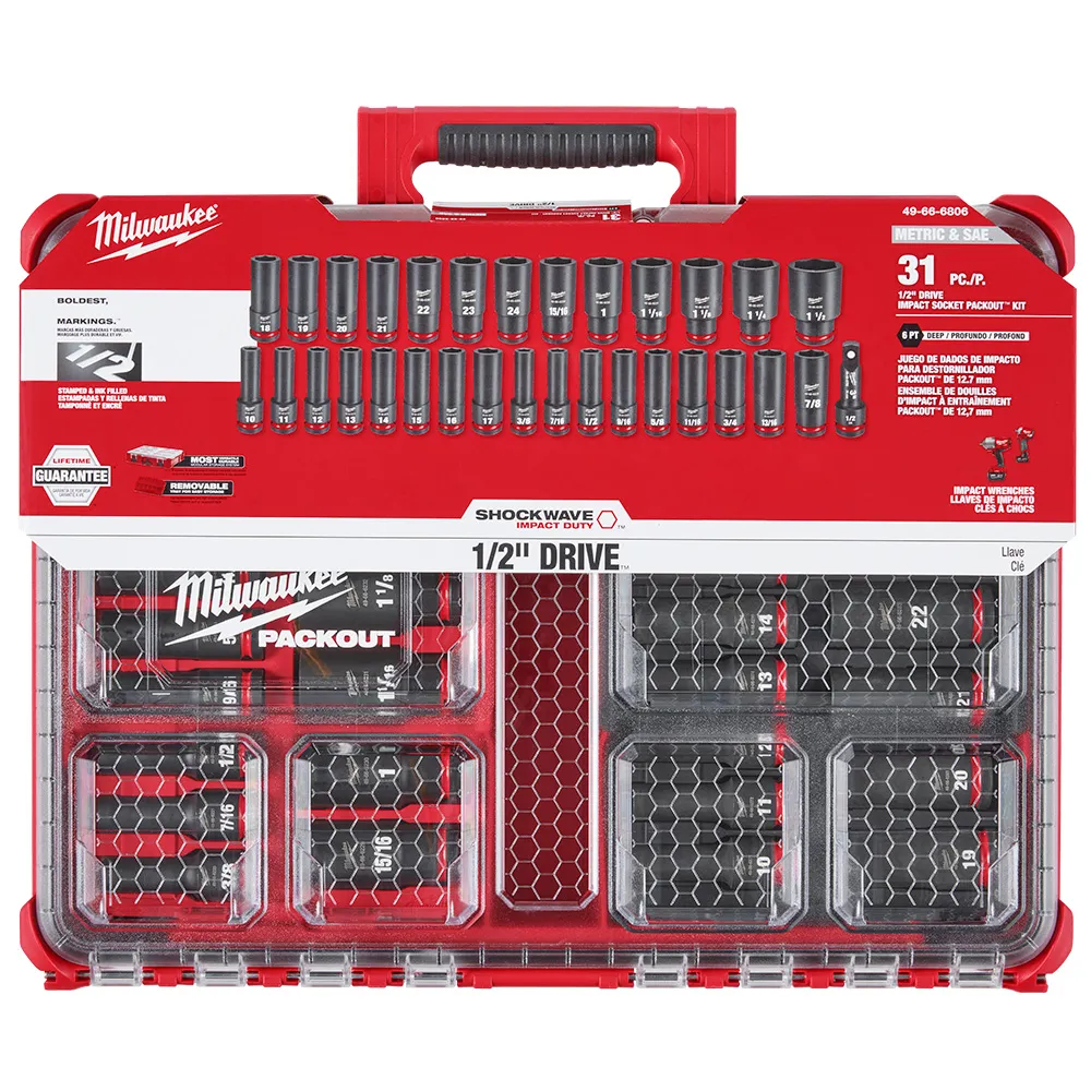 Milwaukee 1/2" Shockwave Impact Duty Socket Dr Sae/Mm Packout Set 31Pc