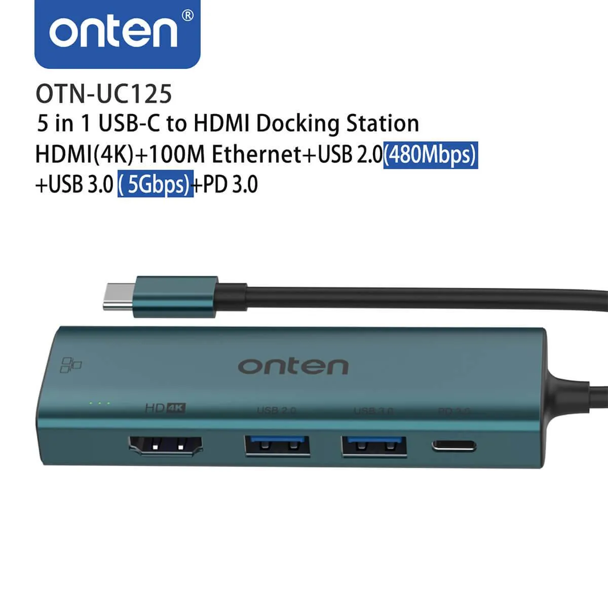 Onten UC125 5 in 1 USB-C to HDMl Docking Station