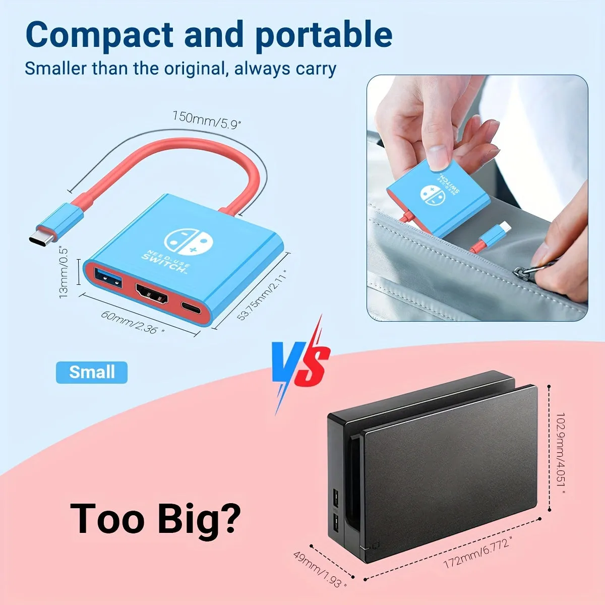 PD100W Docking Station For Switch, Portable Switch Dock Replacement For Switch Dock Switch HDMI Adapter USB 3.0 Switch TV Dock, Travel Dock, For Switch Accessories