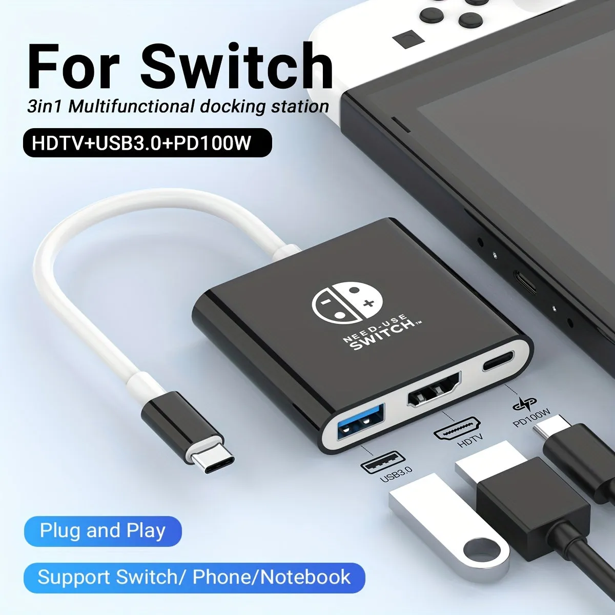 PD100W Docking Station For Switch, Portable Switch Dock Replacement For Switch Dock Switch HDMI Adapter USB 3.0 Switch TV Dock, Travel Dock, For Switch Accessories