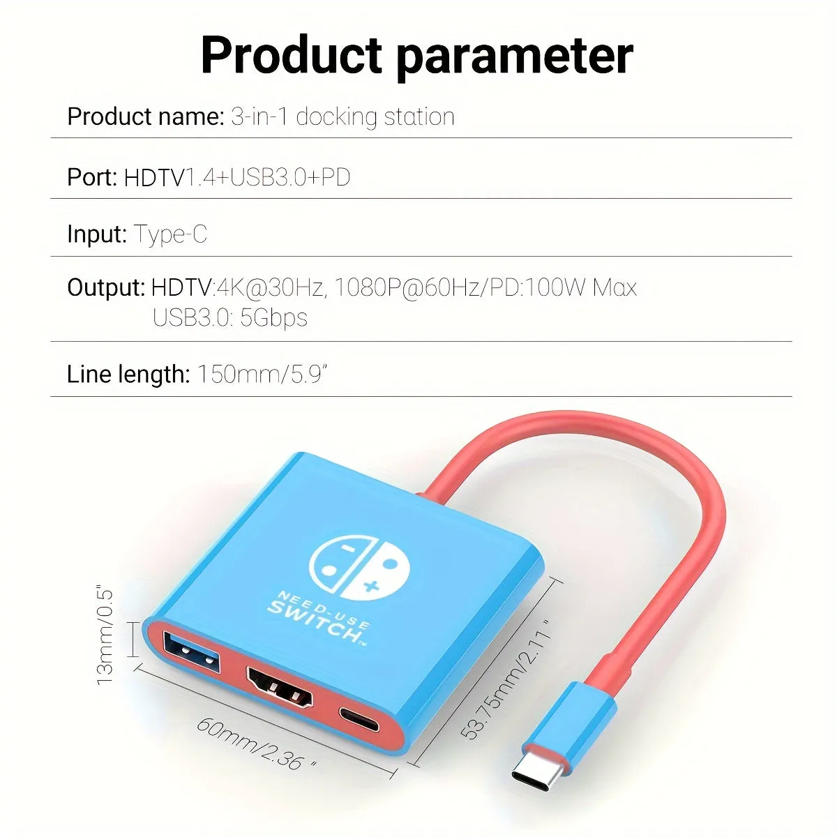 PD100W Docking Station For Switch, Portable Switch Dock Replacement For Switch Dock Switch HDMI Adapter USB 3.0 Switch TV Dock, Travel Dock, For Switch Accessories