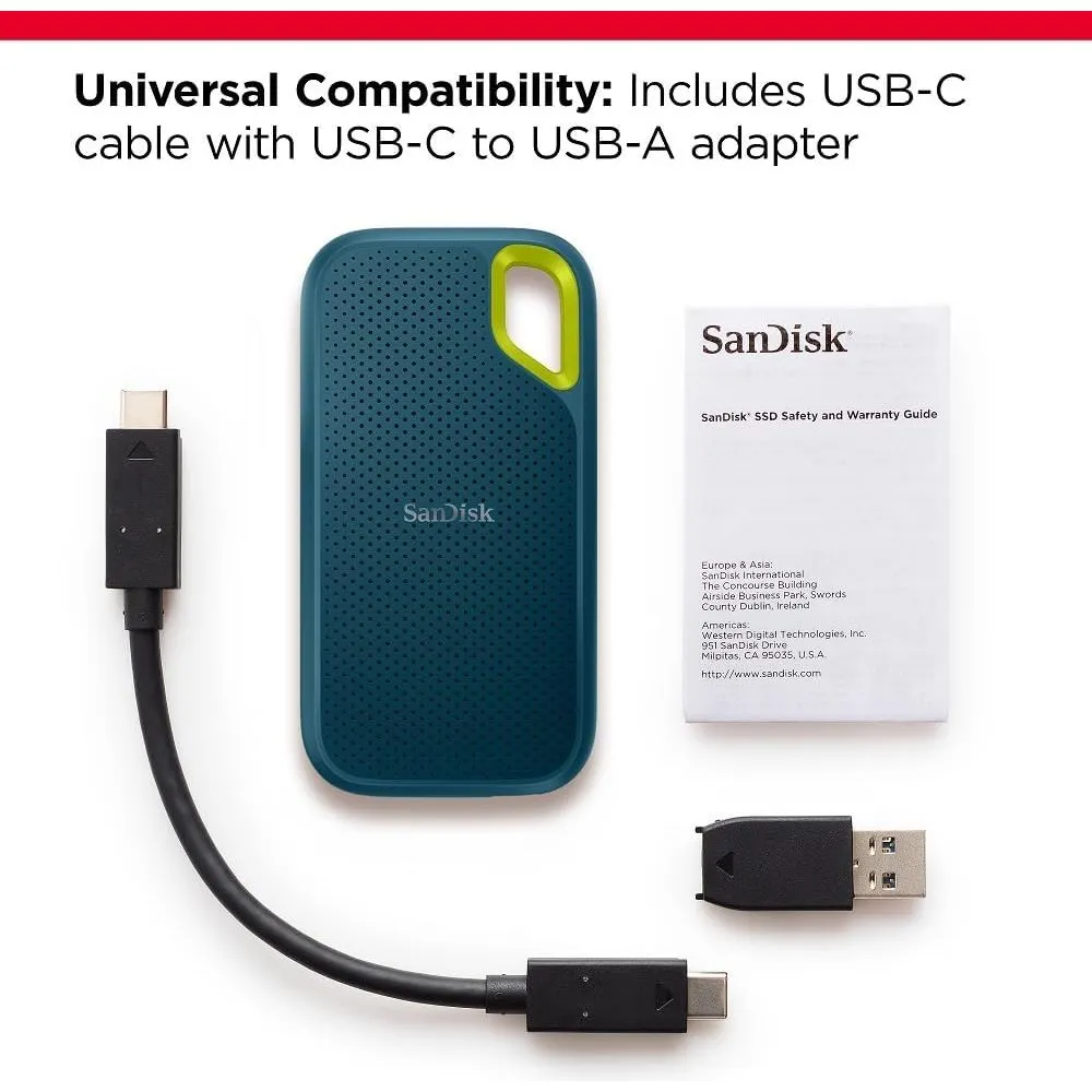 SanDisk 1TB Extreme Portable SSD - Up to 1050MB/s Read, 1000MB/s Write, USB-C, IP65 Dust & Water Resistant
