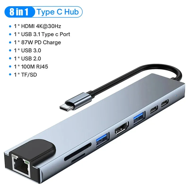 USB C HUB with 4K HDMI 100W PD USB C Port USB 3.0 RJ45 Ethernet SD/TF Card Reader Docking Station