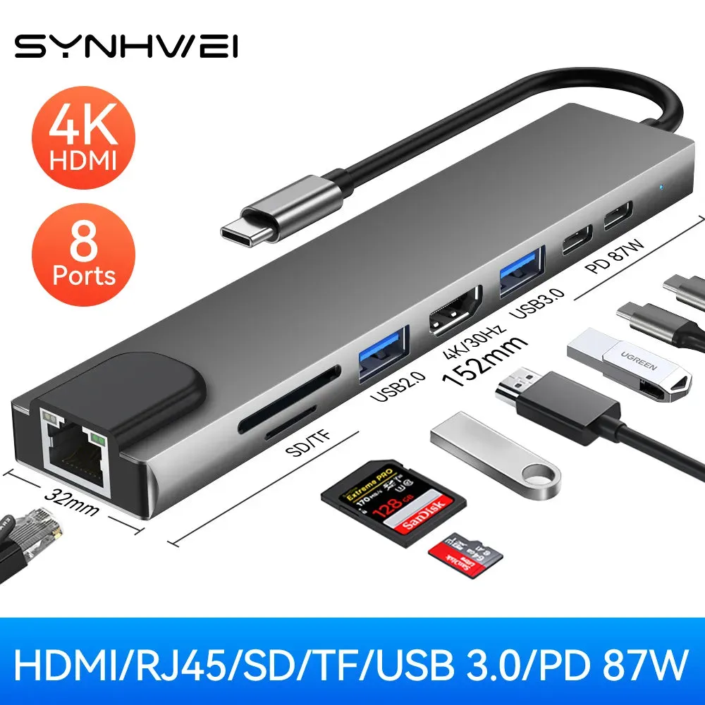 USB C HUB with 4K HDMI 100W PD USB C Port USB 3.0 RJ45 Ethernet SD/TF Card Reader Docking Station