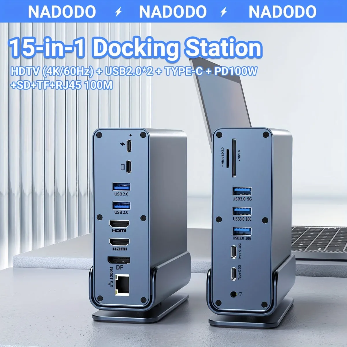 USB C Laptop Docking Station Dual Monitor, 15-in-1 USB C Dock With Dual HDTV, 100W Power Supply, DP1.4, 2*USB 3.0 (10G), 2*USB 2.0, USB C 3.0 (10G)