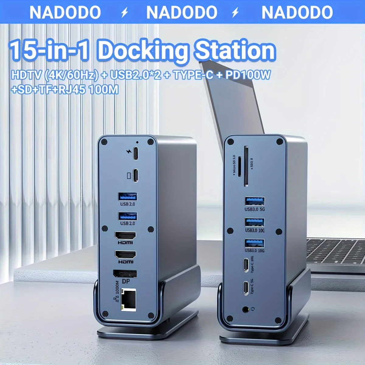 USB C Laptop Docking Station Dual Monitor, 15-in-1 USB C Dock With Dual HDTV, 100W Power Supply, DP1.4, 2*USB 3.0 (10G), 2*USB 2.0, USB C 3.0 (10G)