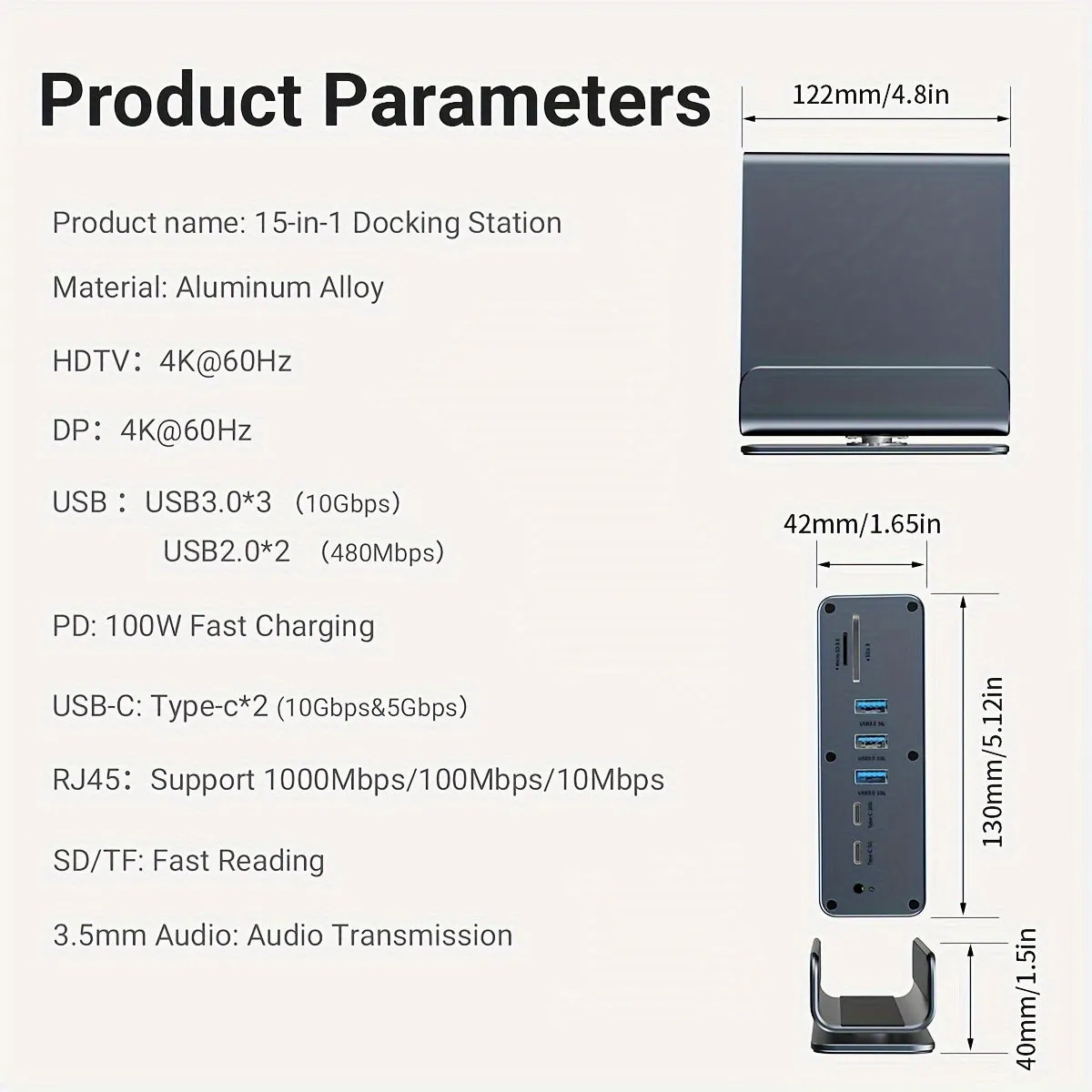 USB C Laptop Docking Station Dual Monitor, 15-in-1 USB C Dock With Dual HDTV, 100W Power Supply, DP1.4, 2*USB 3.0 (10G), 2*USB 2.0, USB C 3.0 (10G)