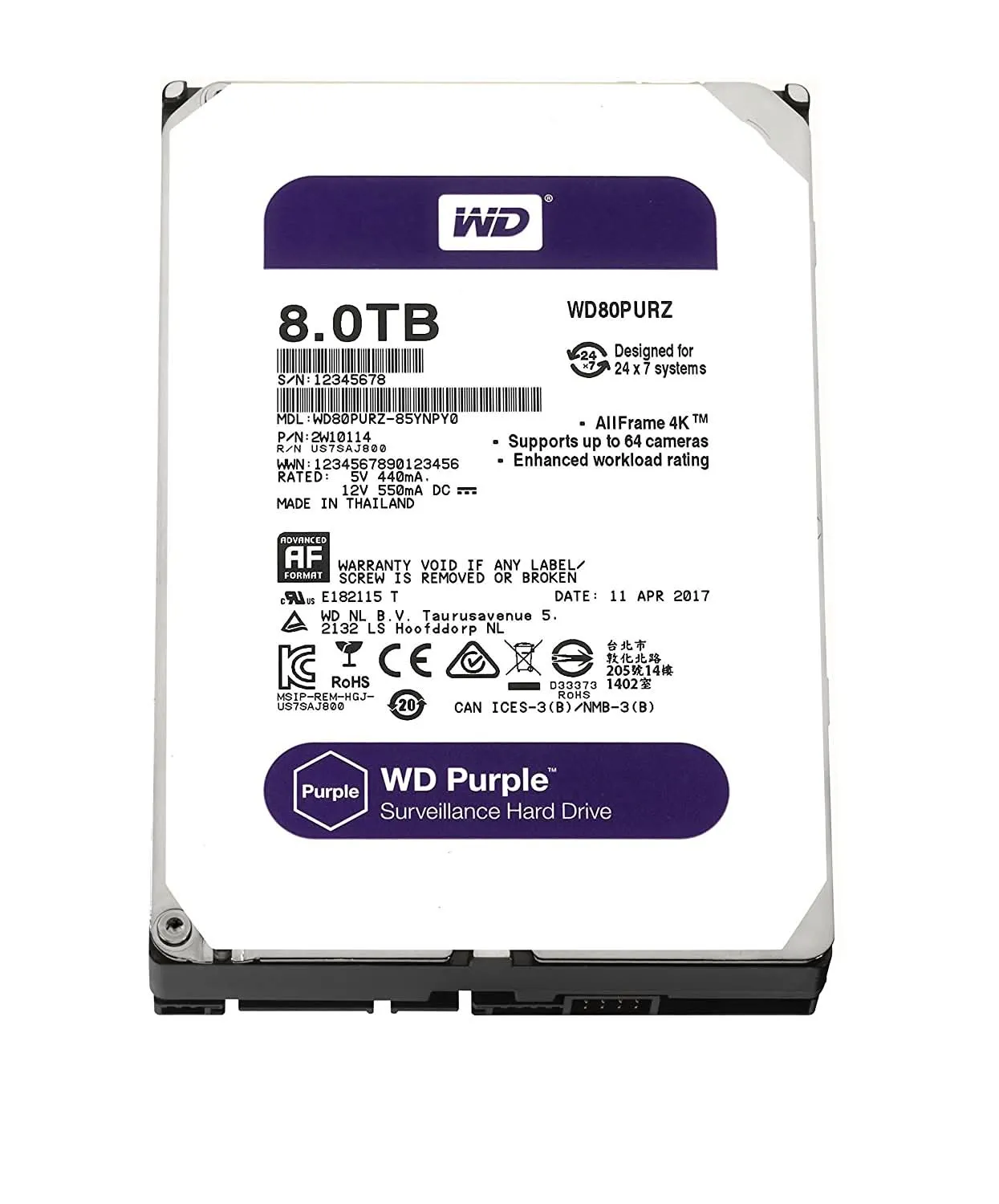 WESTERN DIGITAL 8TB SURVEILLANCE INTERNAL SATA PRO HARD DRIVE WD8001PURP